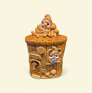Vintage ceramic cookie jar 1950s Japanese "Elf Bakery" tree stump With Mushrooms
